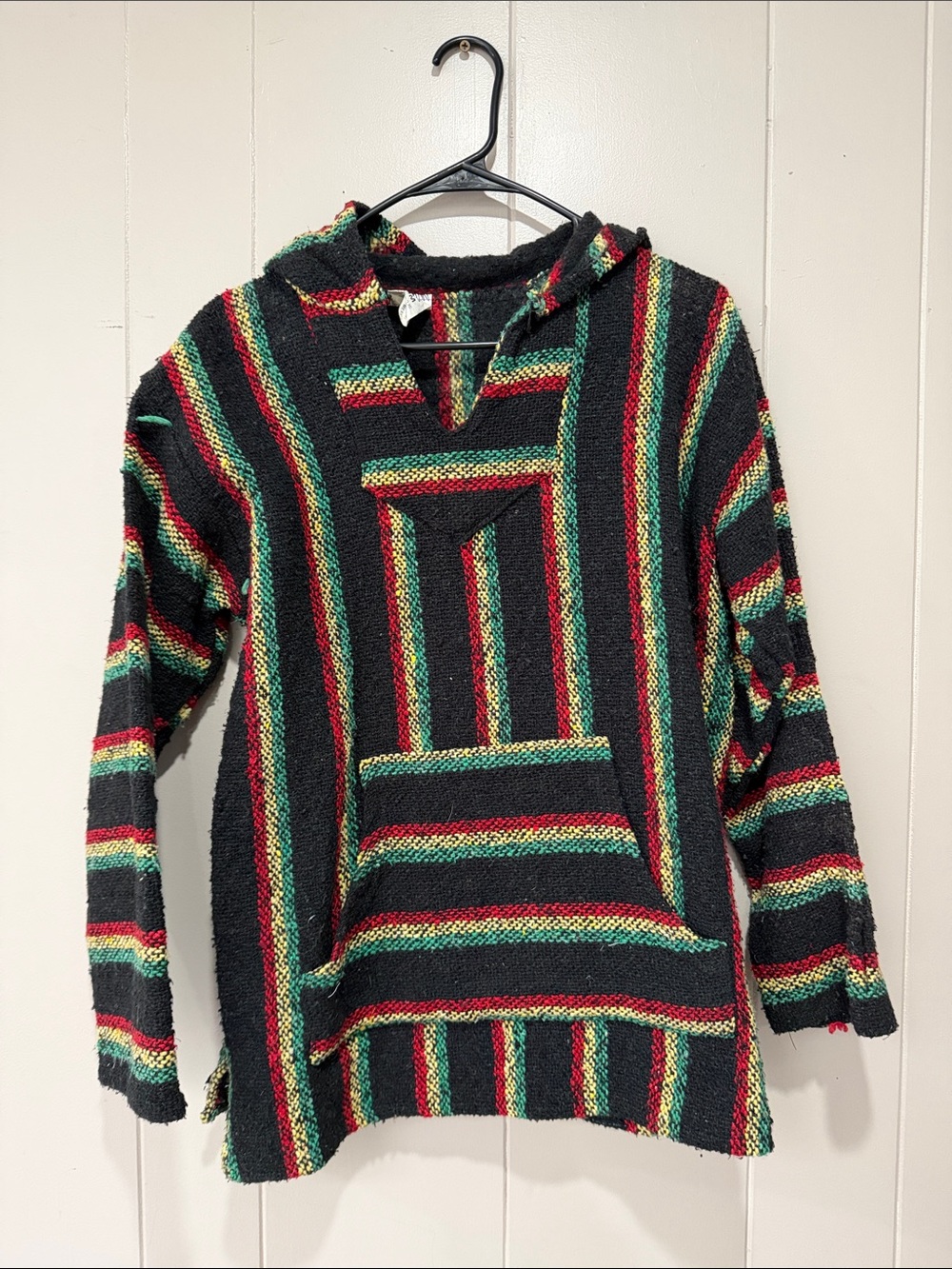 Black Striped V-Neck Baja Sweater Hoodie in Red & Green